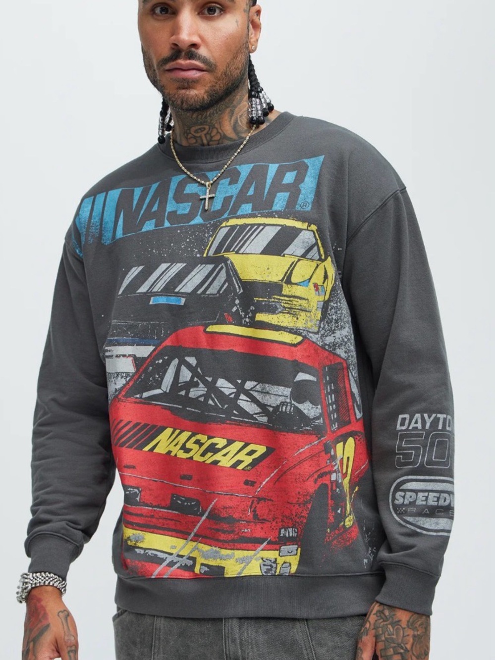 Nascar Grey Crewneck Sweatshirt with Red Yellow and Blue Race Car Graphics